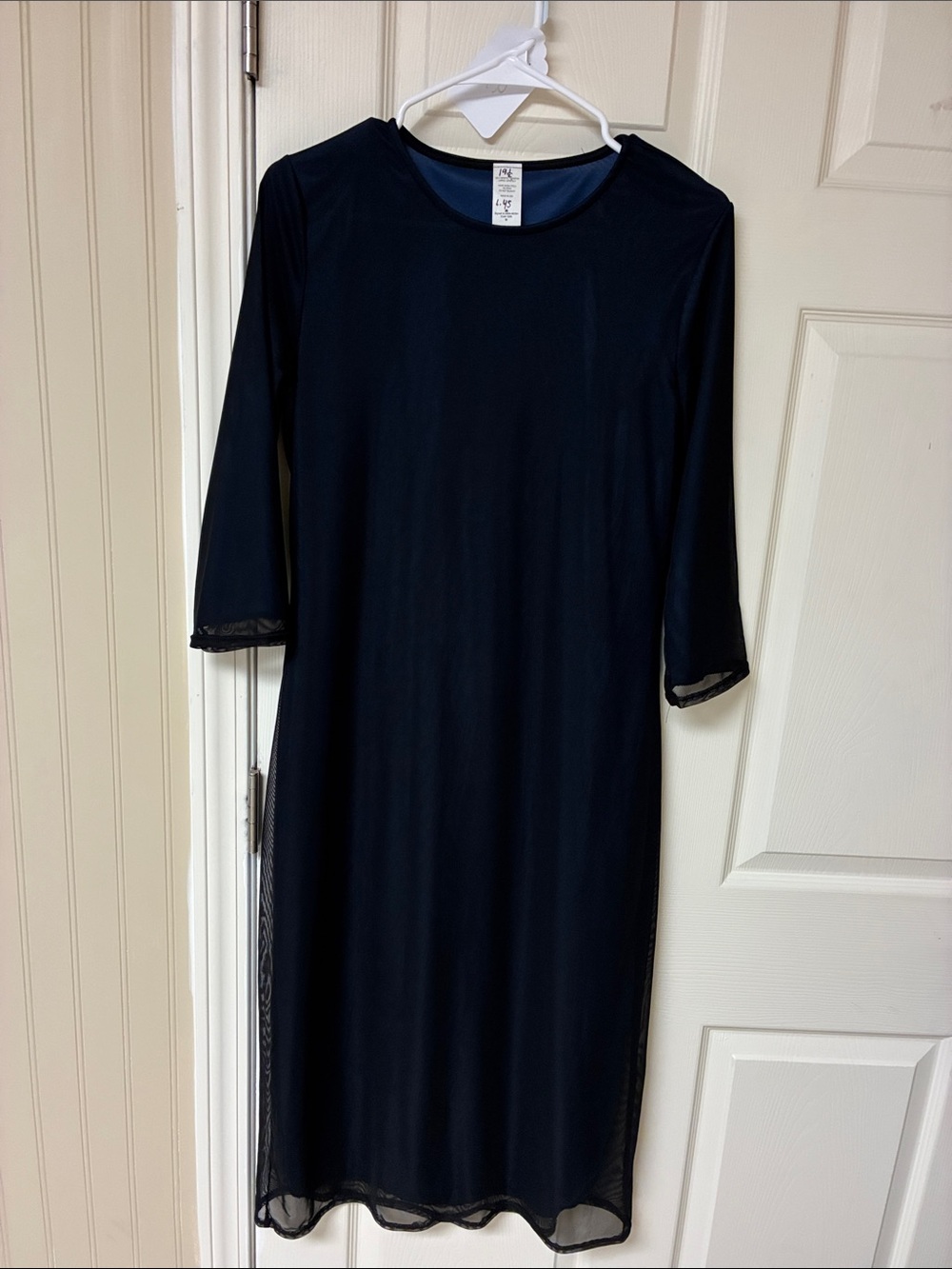 Elegant Navy Blue Midi Dress with Sheer Trim
